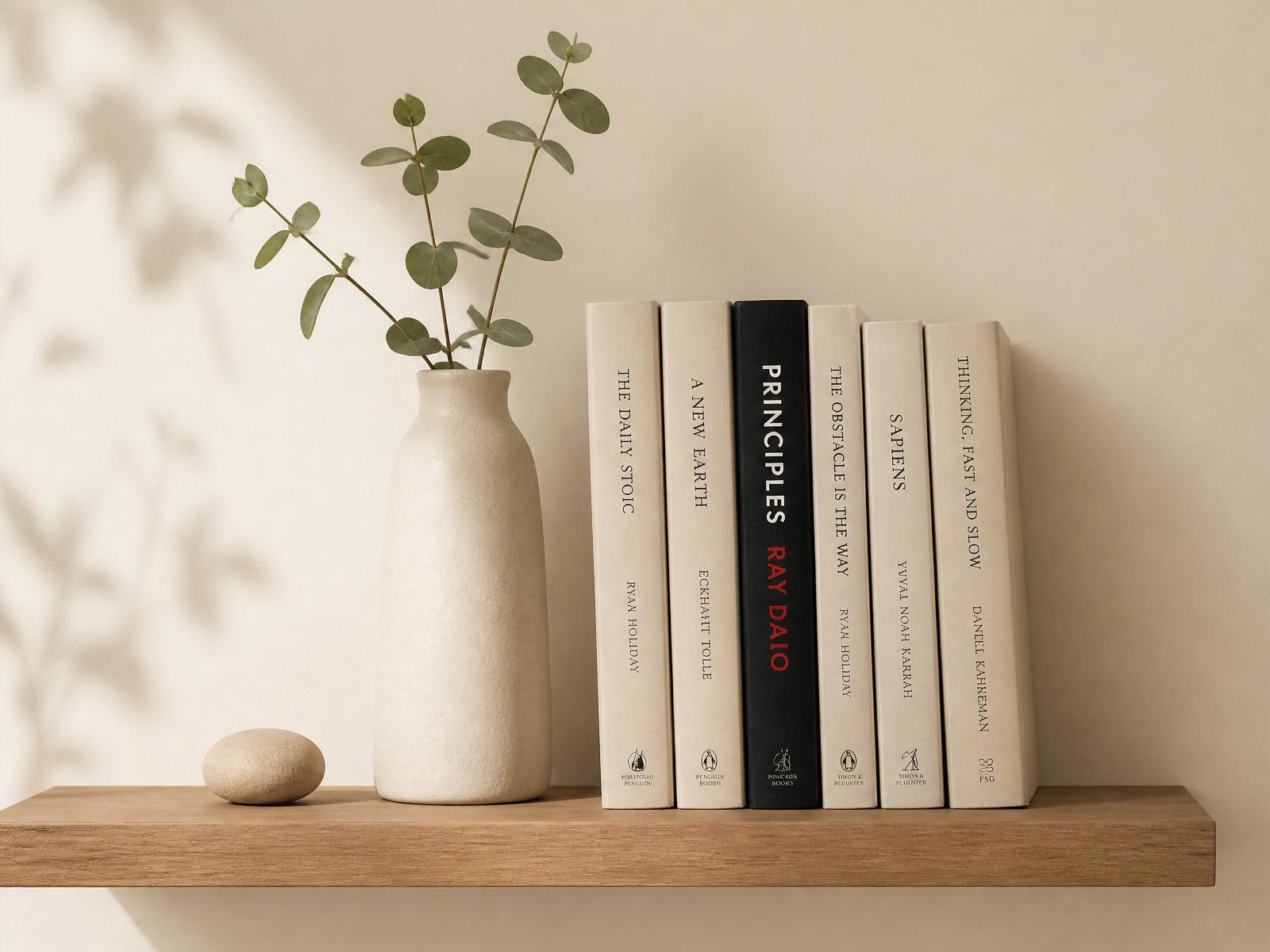 A calm editorial desk with books, a notebook, coffee, and headphones